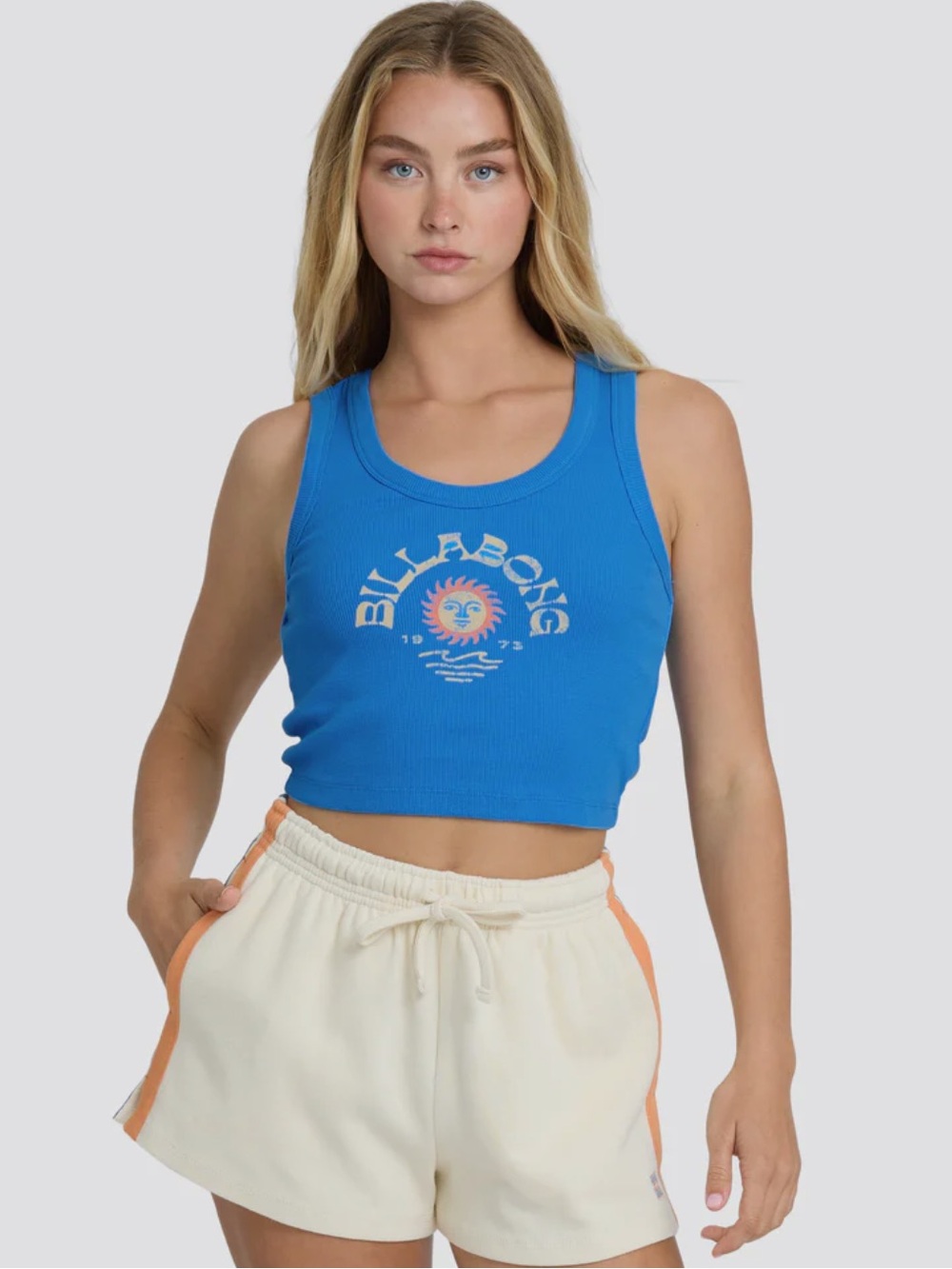 Billabong Royal Blue Ribbed Logo Crop Tank with Sun Graphic and shorts